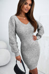 Gray V Neck Bodycon Sweater Dress-Dresses-MomFashion