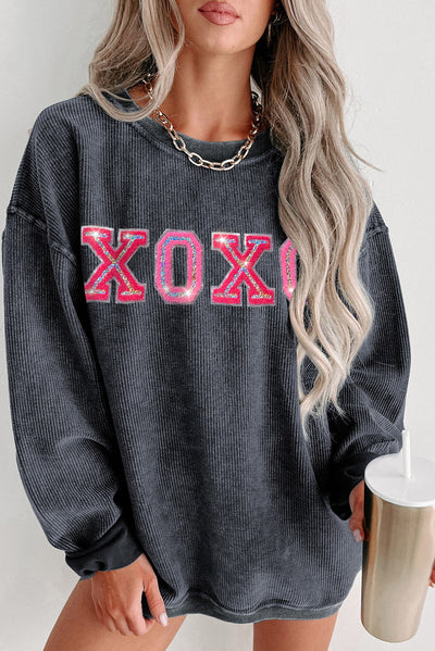 Gray Valentine Sequin XOXO Corded Crew Neck Sweatshirt-Graphic-MomFashion