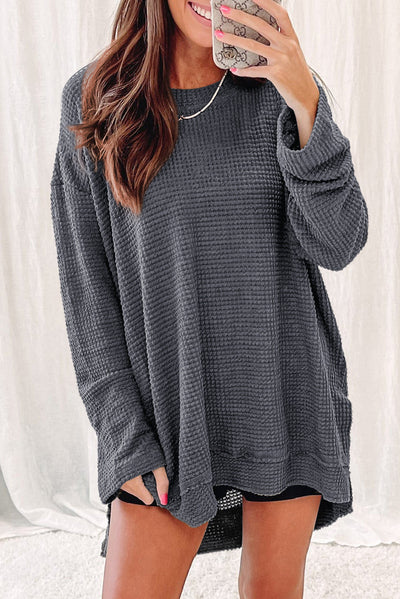 Gray Waffle Knit High Slits Oversized Top-Tops-MomFashion