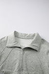 Gray Zip Up Stand Collar Ribbed Thumbhole Sleeve Sweatshirt-Tops-MomFashion