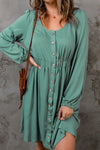 Green Button Up High Waist Long Sleeve Dress-Dresses-MomFashion