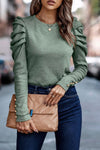 Green Buttoned Puff Long Sleeve Sheath Top-Tops-MomFashion