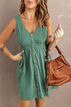 Green Buttons Sleeveless High Waist Mini Dress-Dresses-MomFashion