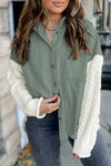 Green Cable Knit Sleeve Raw Hem Shacket-Outerwear-MomFashion