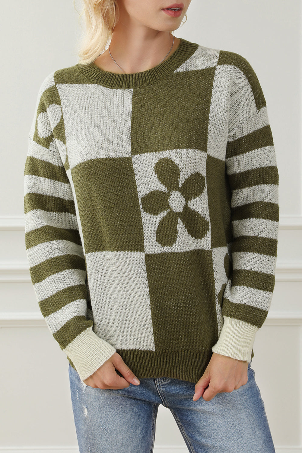 Green Checkered Floral Print Striped Sleeve Sweater-Tops-MomFashion