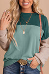 Green Color Block Long Sleeve Ribbed Loose Top-Tops-MomFashion