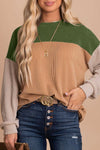 Green Color Block Long Sleeve Ribbed Loose Top-Tops-MomFashion