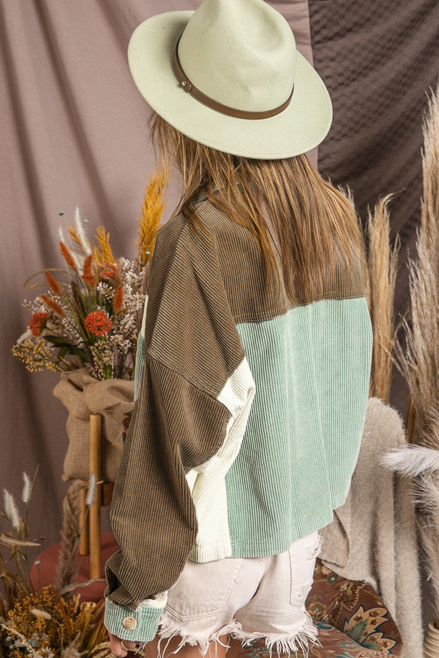 Green Color Block Patchwork Vintage Corduroy Jacket-Outerwear-MomFashion