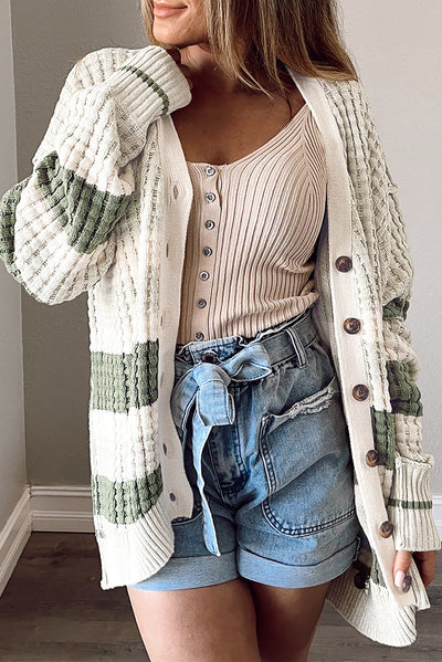 Green Colorblock Textured Knit Buttoned Cardigan-Tops-MomFashion