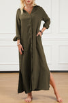 Green Crinkle Button Up Casual Split Shirt Maxi Dress-Dresses-MomFashion