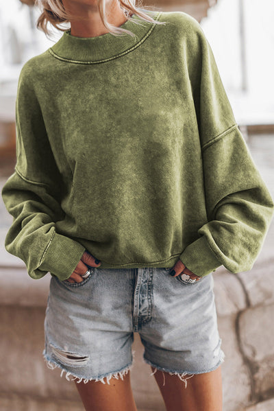 Green Drop Shoulder Crew Neck Pullover Sweatshirt-Tops-MomFashion