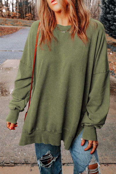 Green Drop Shoulder Ribbed Trim Oversized Sweatshirt-Tops-MomFashion