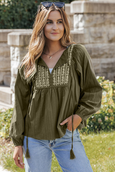 Green Embroidered Split Neck Pleated Loose Blouse-Tops-MomFashion