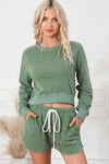 Green Fleece Two-piece Cropped Pullover and Shorts Set-Loungewear-MomFashion