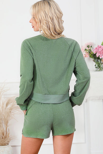 Green Fleece Two-piece Cropped Pullover and Shorts Set-Loungewear-MomFashion