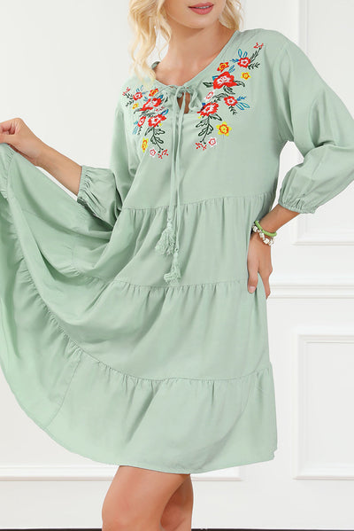 Green Floral Embroidery Tiered Ruffle Hem Dress-Dresses-MomFashion