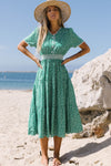 Green Floral Print Lace Splicing Flared High Waist Midi Dress-Dresses-MomFashion