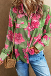 Green Floral Print Pleated Detail Puff Sleeve Shirt-Tops-MomFashion