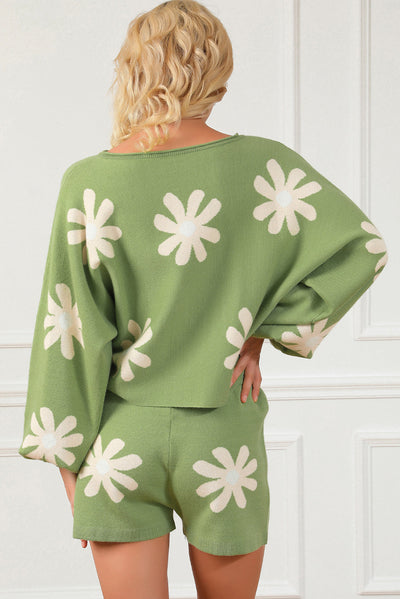 Green Flower Print Bubble Sleeve Knitted Sweater and Shorts Set-Loungewear-MomFashion