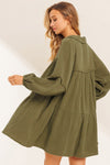 Green Frayed Trim Split Neck Puff Sleeve Flared Dress-Dresses-MomFashion