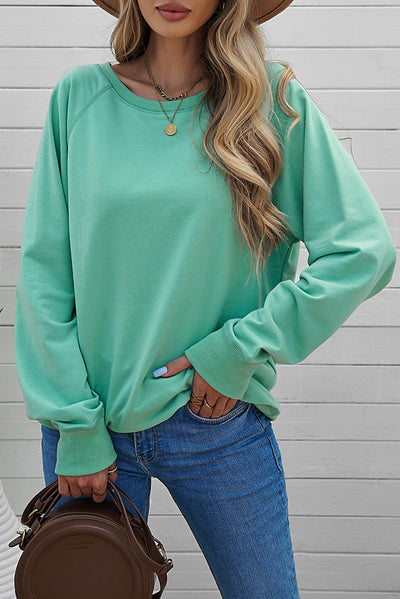 Green French Terry Cotton Blend Pullover Sweatshirt-Tops-MomFashion