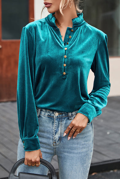 Green Frilled Neck Buttoned Front Velvet Top-Tops-MomFashion