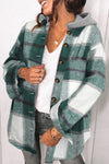 Green Hooded Plaid Button Front Shacket-Outerwear-MomFashion