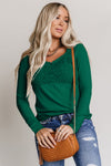 Green Lace Crochet V Neck Long Sleeve Top-Tops-MomFashion