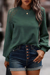 Green Lace Long Sleeve Textured Pullover-Tops-MomFashion