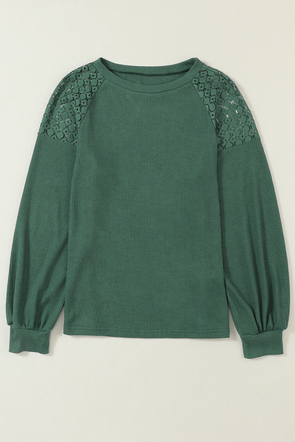 Green Lace Long Sleeve Textured Pullover-Tops-MomFashion
