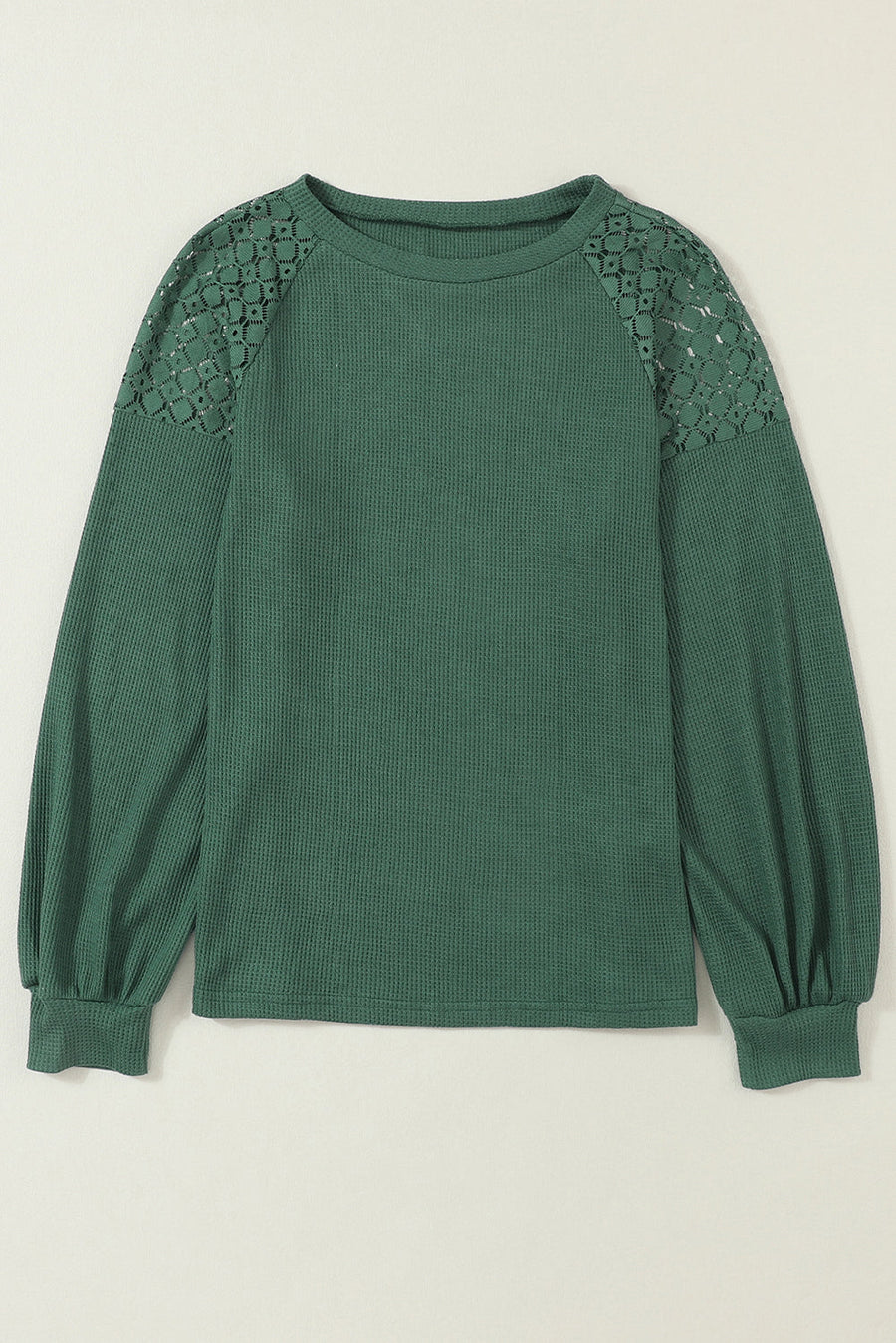 Green Lace Long Sleeve Textured Pullover-Tops-MomFashion