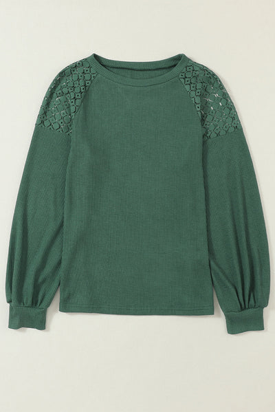 Green Lace Long Sleeve Textured Pullover-Tops-MomFashion