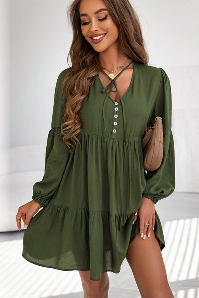 Green Lace Puff Sleeve Buttoned Tiered Ruffled Mini Dress-Dresses-MomFashion