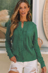 Green Lace Trim Ribbed Round Neck Button Up Cardigan-Tops-MomFashion