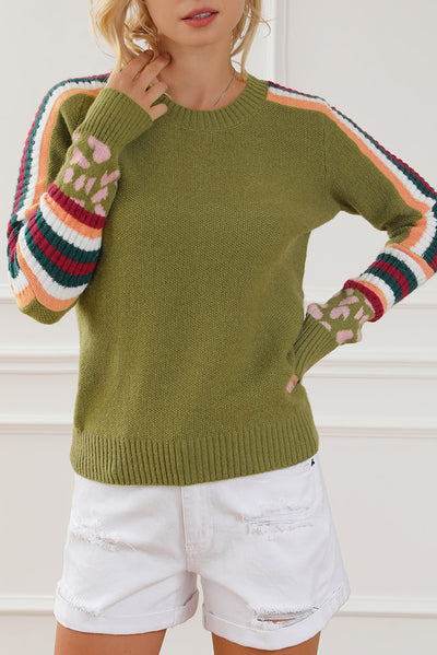 Green Leopard Contrast Striped Sleeve Ribbed Trim Sweater-Tops-MomFashion