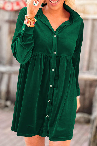 Green Long Sleeve Ruffle Velvet Button Up Dress-Dresses-MomFashion