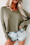 Green Loose V Neck Dropped Long Sleeve Top-Tops-MomFashion