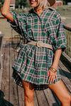 Green Oversized Plaid Half Sleeve Tunic Shirt-Tops-MomFashion