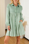 Green Patchwork Crinkle Puff Sleeve Shirt Dress-Dresses-MomFashion