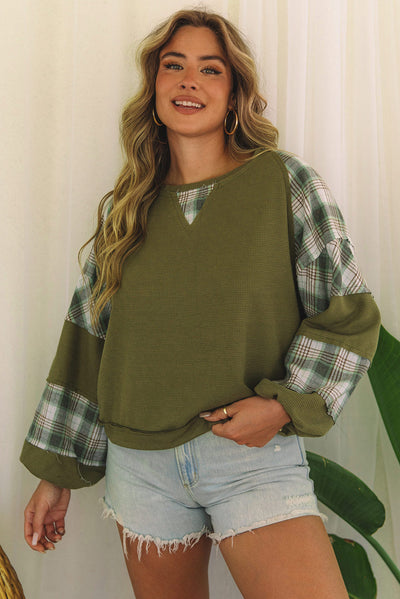 Green Plaid Patch Waffle Knit Exposed Seam Bubble Sleeve Top-Tops-MomFashion