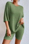 Green Plain Ribbed Loose Fit Two Piece Lounge Set-Loungewear-MomFashion