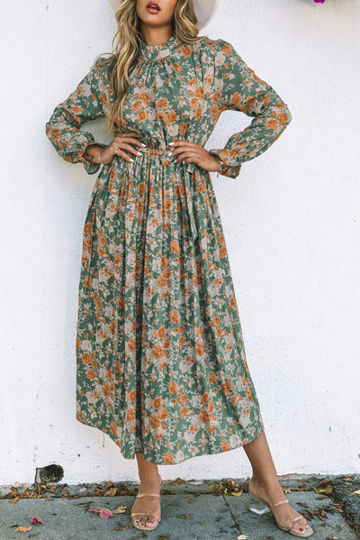 Green Pleated Long Sleeve Maxi Floral Dress with Tie-Dresses-MomFashion