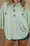 Green Plus Size Ribbed Pocketed Long Sleeve Henley Top-Plus Size-MomFashion