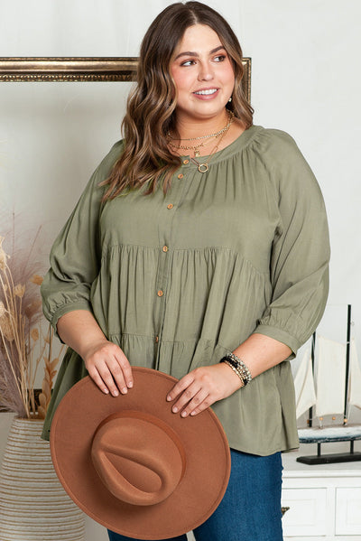 Green Plus Size Ruffle Tiered Split Neck Shirt-Plus Size-MomFashion