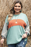 Green Plus Size Striped Long Sleeve Colorblock Tee with Slits-Plus Size-MomFashion