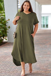 Green Plus Size V Neck Rolled Cuffs Maxi Dress-Plus Size-MomFashion