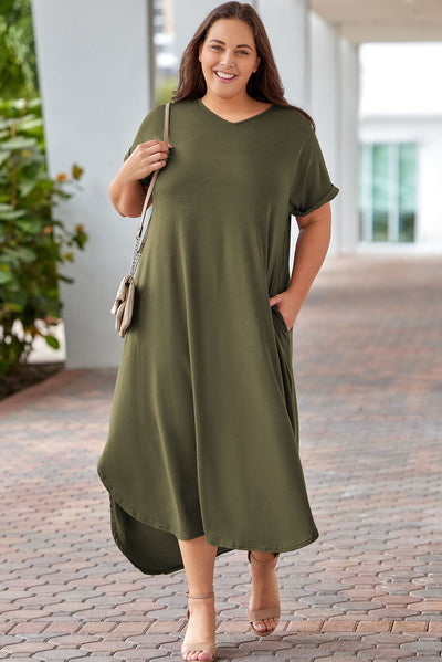 Green Plus Size V Neck Rolled Cuffs Maxi Dress-Plus Size-MomFashion