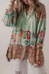 Green Printed Floral Patchwork Frilled Split Neck Blouse-Tops-MomFashion