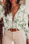 Green Printed Pearl Button V Neck Sweater Cardigan-Tops-MomFashion