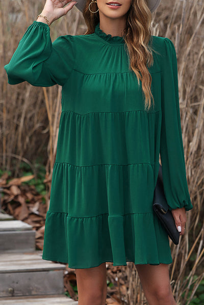 Green Puff Sleeve Mock Neck Back Knot Tiered Dress-Dresses-MomFashion